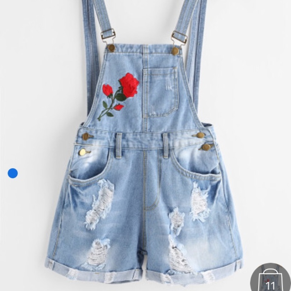 Rose Embroidered Destroyed Denim Dungaree Shorts